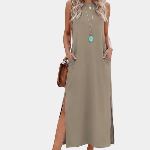Source Unknown Dresses & Skirts - Size L Rumia Casual Coffee Maxi Dress with Side Slits and Pockets